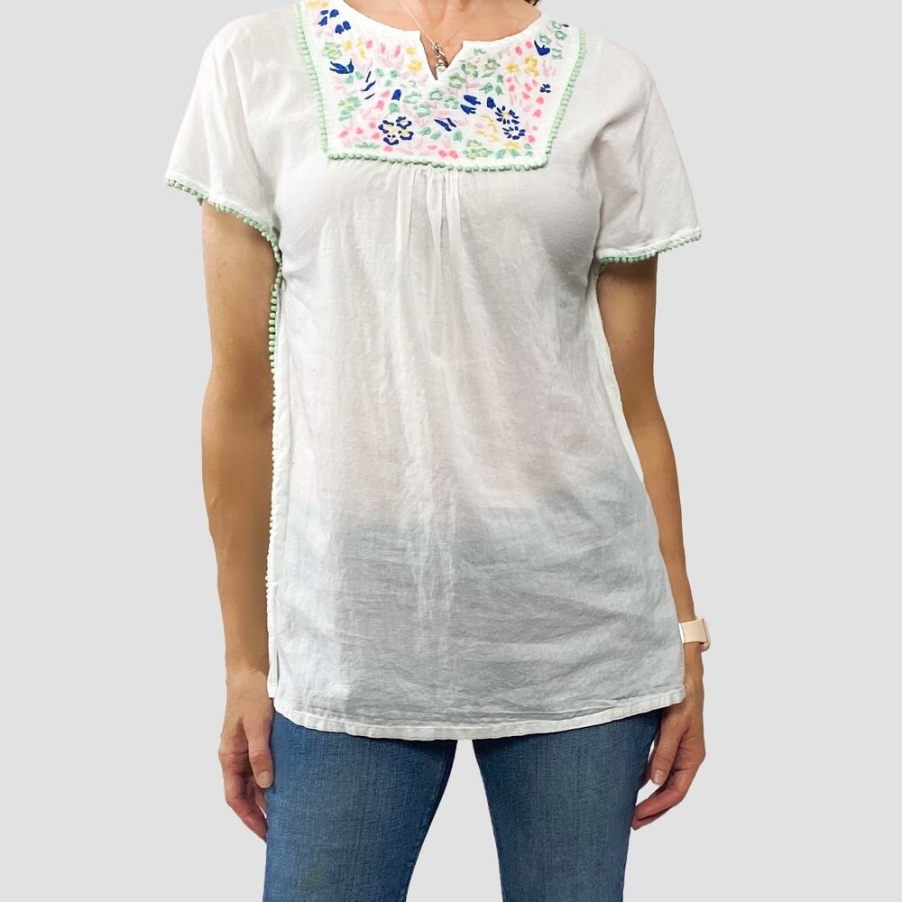 White Embroidered Square Neck Boho Festival Peasant Top Blouse Sz Small